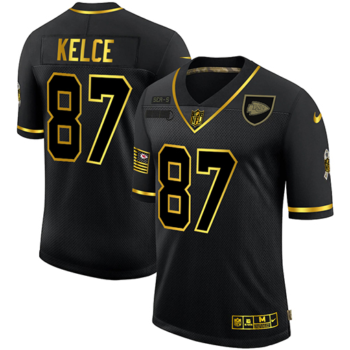 Kansas City Chiefs #87 Travis Kelce Men's 2020 Salute To Service Golden Limited Jersey Black