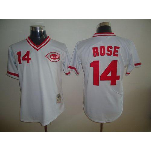 Mitchell and Ness Cincinnati Reds #14 Pete Rose Stitched White Throwback Jersey Men's