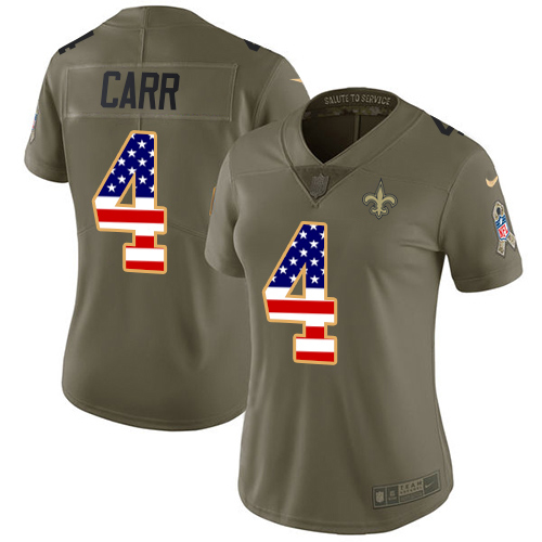 Saints #4 Derek Carr Olive/USA Flag Women's Stitched Limited 2017 Salute To Service Jersey
