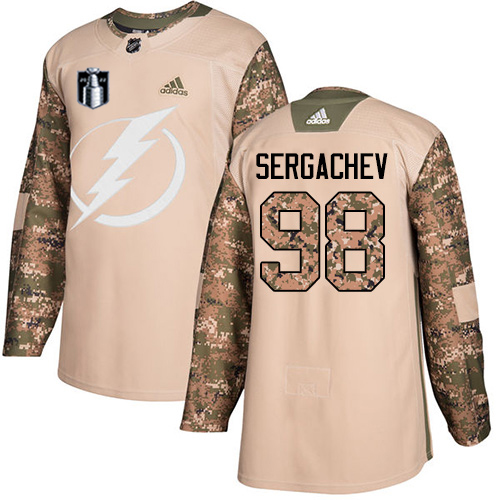 Adidas Tampa Bay Lightning #98 Mikhail Sergachev Camo Authentic 2022 Stanley Cup Final Patch Youth Veterans Day Stitched Jersey Youth