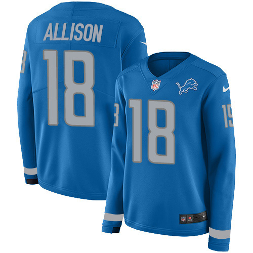 Detroit Lions #18 Geronimo Allison Blue Team Color Women's Stitched Limited Therma Long Sleeve Jersey Womens