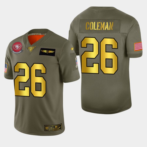 San Francisco 49ers #26 Tevin Coleman Men's Olive Gold 2019 Salute to Service 100 Limited Jersey Men's