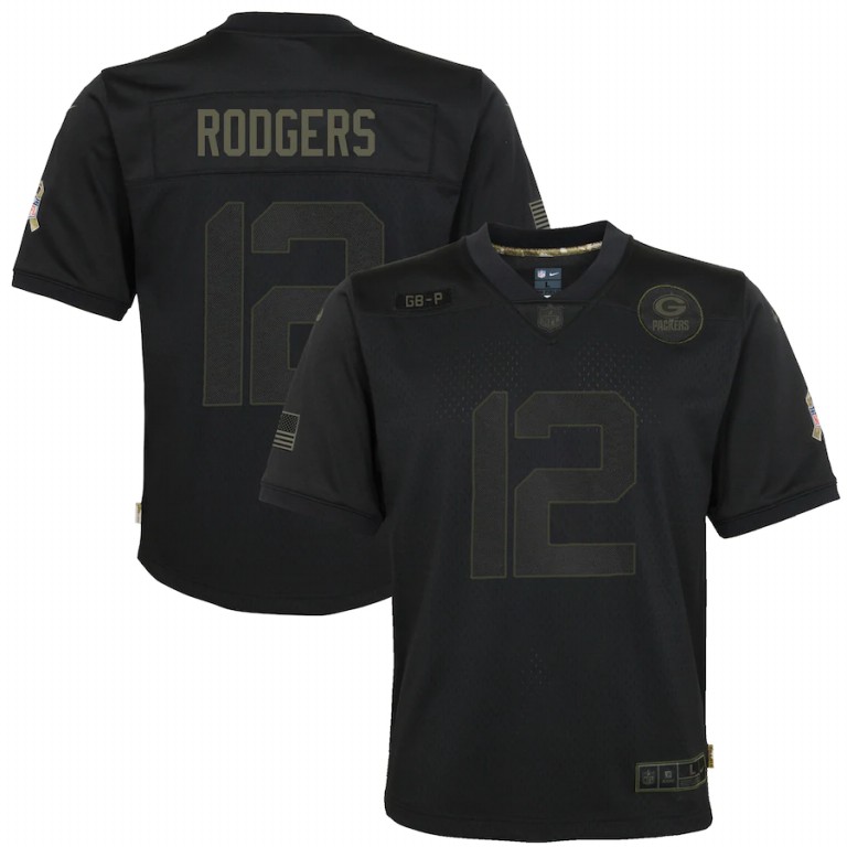 Green Bay Packers #12 Aaron Rodgers Youth 2020 Salute To Service Game Jersey Black