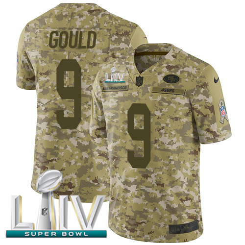 San Francisco 49ers #9 Robbie Gould Camo Super Bowl LIV 2020 Youth Stitched Limited 2018 Salute To Service Jersey Youth