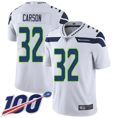 Seattle Seahawks #32 Chris Carson White Men's Stitched 100th Season Vapor Limited Jersey Men's