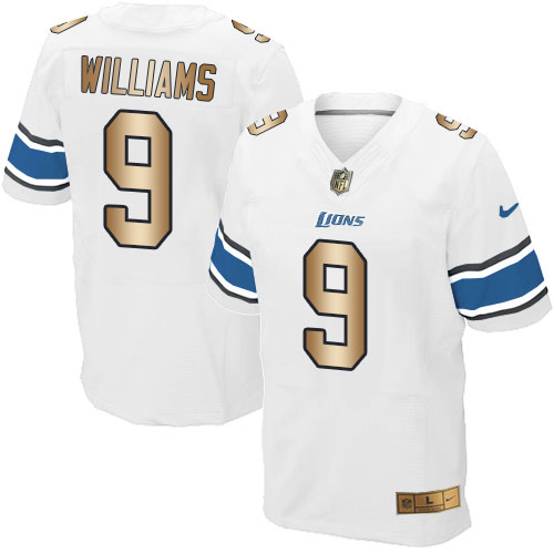 Lions #9 Jameson Williams White Men's Stitched Elite Gold Jersey