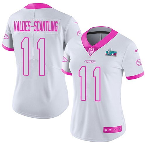 Chiefs #11 Marquez Valdes-Scantling White/Pink Super Bowl LVII Patch Women's Stitched Limited Rush Fashion Jersey