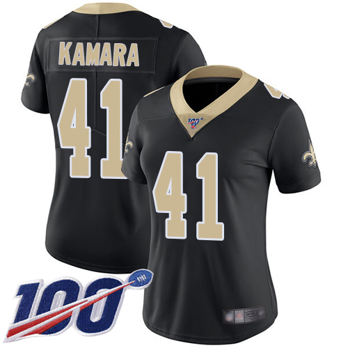 Saints #41 Alvin Kamara Black Team Color Women's Stitched 100th Season Vapor Limited Jersey