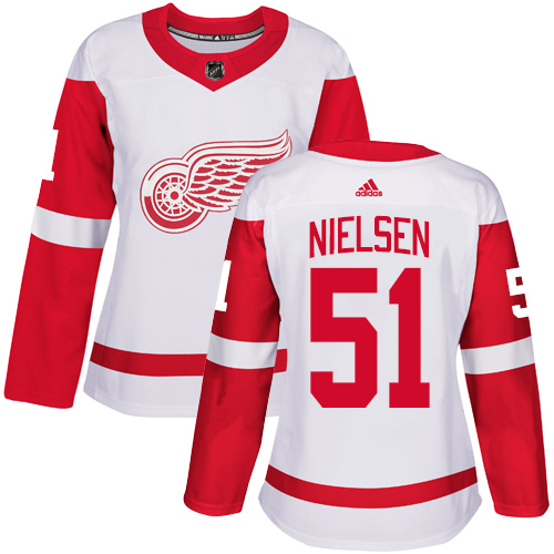 Adidas Detroit Red Wings #51 Frans Nielsen White Road Authentic Women's Stitched Jersey Womens