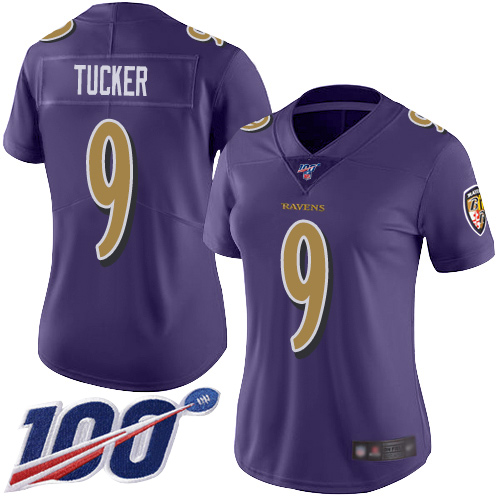 Ravens #9 Justin Tucker Purple Women's Stitched Limited Rush 100th Season Jersey