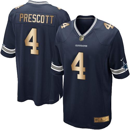 Cowboys #4 Dak Prescott Navy Blue Team Color Youth Stitched Elite Gold Jersey