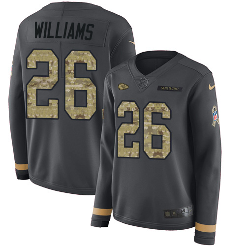 Kansas City Chiefs #26 Damien Williams Anthracite Salute to Service Women's Stitched Limited Therma Long Sleeve Jersey Womens