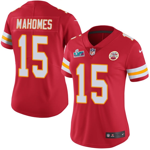 Chiefs #15 Patrick Mahomes Red Team Color Super Bowl LVII Patch Women's Stitched Vapor Untouchable Limited Jersey
