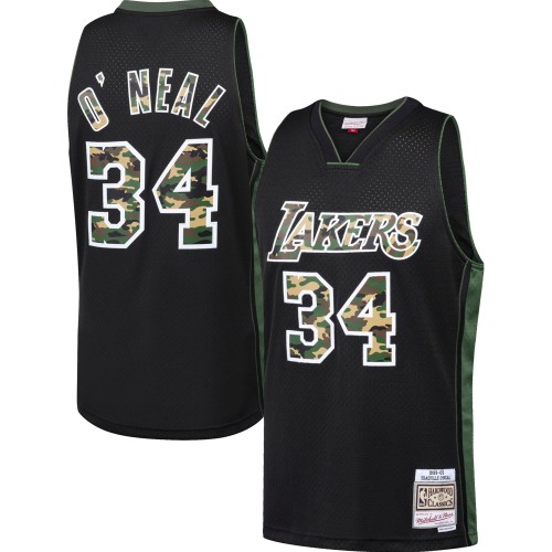 Los Angeles Lakers #34 Shaquille ONeal Black Mitchell & Ness Straight Fire Camo Swingman Jersey Mens