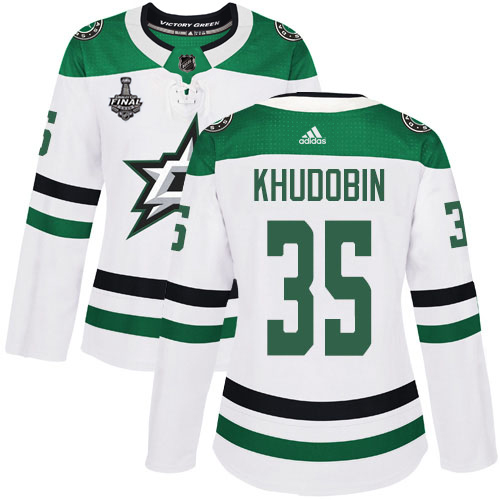 Adidas Dallas Stars #35 Anton Khudobin White Road Authentic Women's 2020 Stanley Cup Final Stitched Jersey Womens