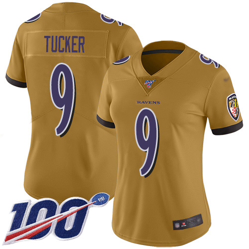 Ravens #9 Justin Tucker Gold Women's Stitched Limited Inverted Legend 100th Season Jersey