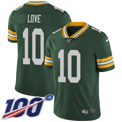 Packers #10 Jordan Love Green Team Color Men's Stitched 100th Season Vapor Untouchable Limited Jersey