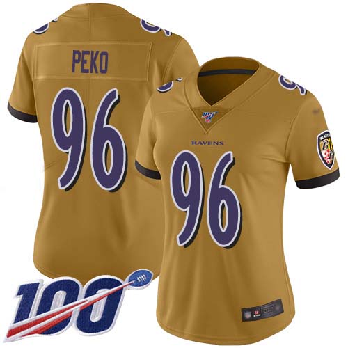 Baltimore Ravens #96 Domata Peko Sr Gold Women's Stitched Limited Inverted Legend 100th Season Jersey Womens