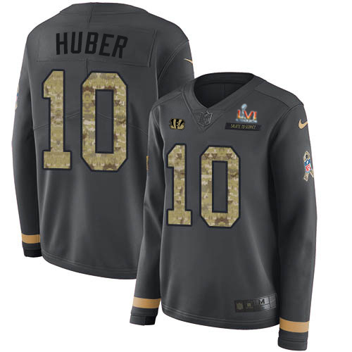 Cincinnati Bengals #10 Kevin Huber Anthracite Super Bowl LVI Patch Salute to Service Women's Stitched Limited Therma Long Sleeve Jersey Womens