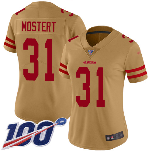 San Francisco 49ers #31 Raheem Mostert Gold Women's Stitched Limited Inverted Legend 100th Season Jersey Womens
