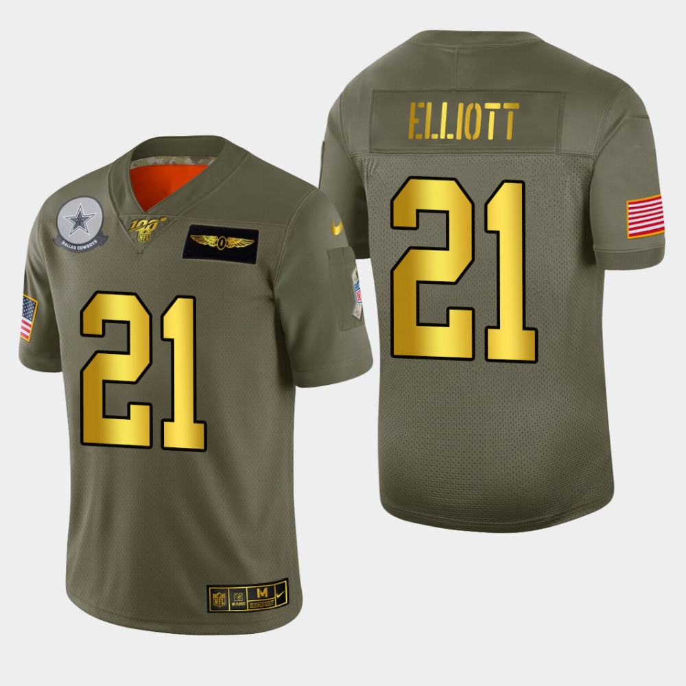 Dallas Cowboys #21 Ezekiel Elliott Men's Olive Gold 2019 Salute To Service Limited 100 Jersey