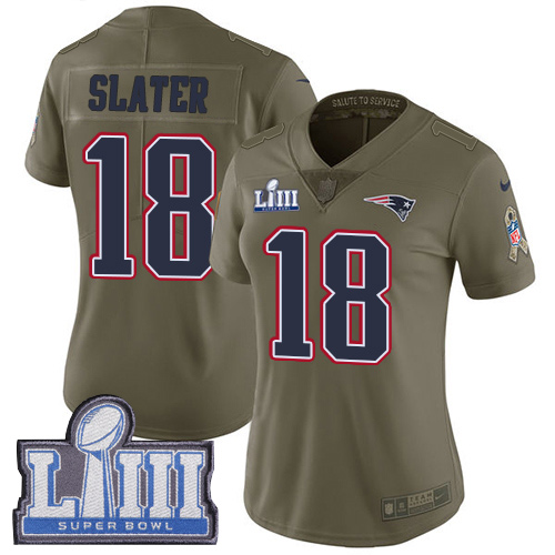 Patriots #18 Matt Slater Olive Super Bowl LIII Bound Women's Stitched Limited 2017 Salute To Service Jersey