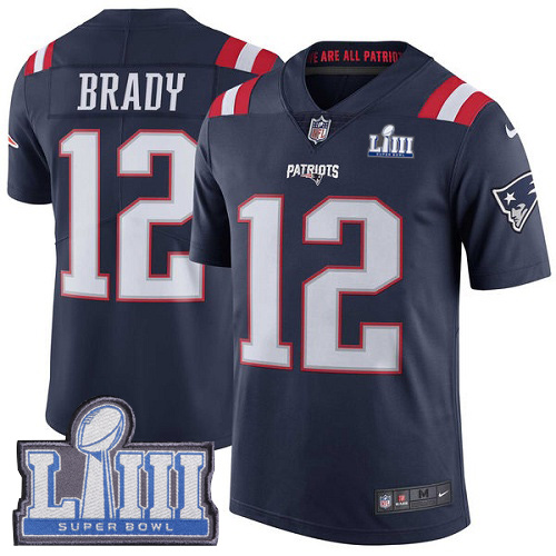 Patriots #12 Tom Brady Navy Blue Super Bowl LIII Bound Youth Stitched Limited Rush Jersey