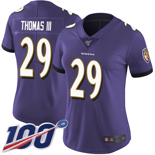 Baltimore Ravens #29 Earl Thomas III Purple Team Color Women's Stitched 100th Season Vapor Limited Jersey Womens