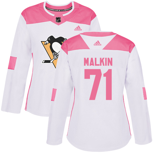Adidas Pittsburgh Penguins #71 Evgeni Malkin White/Pink Authentic Fashion Women's Stitched Jersey Womens