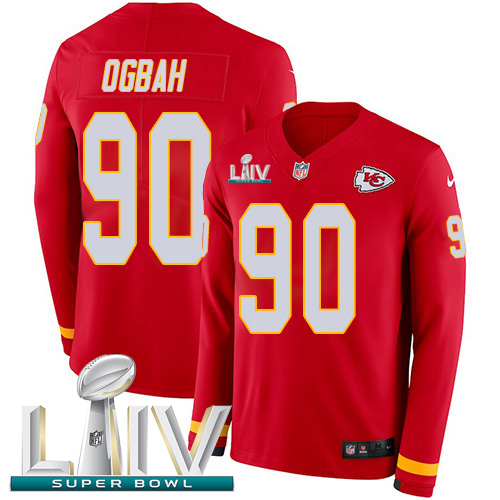 Kansas City Chiefs #90 Emmanuel Ogbah Red Super Bowl LIV 2020 Team Color Men's Stitched Limited Therma Long Sleeve Jersey Men's