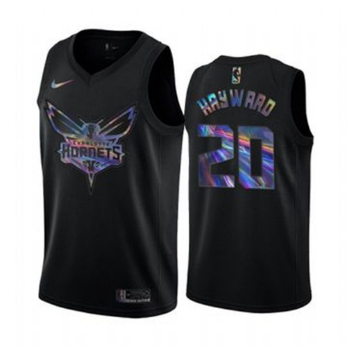 Charlotte Hornets #20 Gordon Hayward Mens Iridescent Holographic Collection Jersey - Black Mens