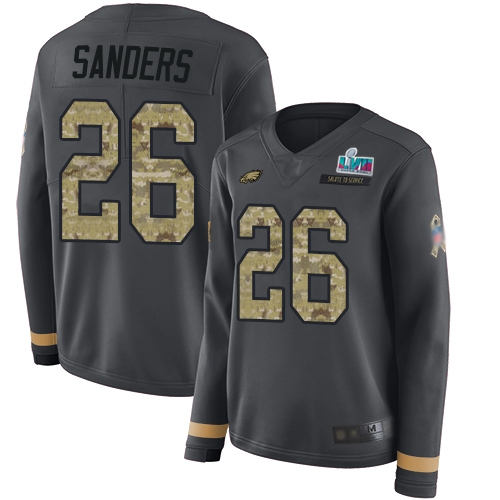 Eagles #26 Miles Sanders Anthracite Super Bowl LVII Patch Salute To Service Women's Stitched Limited Therma Long Sleeve Jersey