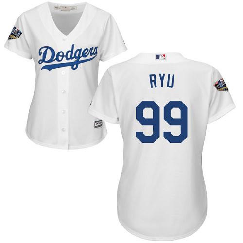 Los Angeles Dodgers #99 Hyun-Jin Ryu White Home 2018 World Series Women's Stitched Jersey Womens