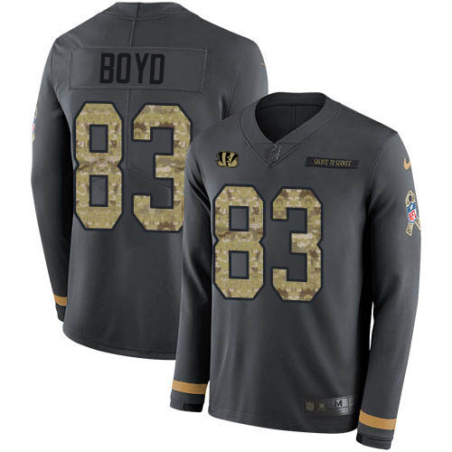 Bengals #83 Tyler Boyd Anthracite Salute To Service Men's Stitched Limited Therma Long Sleeve Jersey