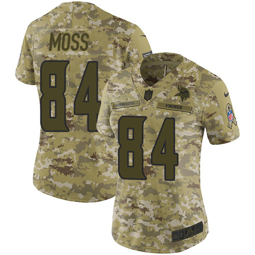 Vikings #84 Randy Moss Camo Women's Stitched Limited 2018 Salute To Service Jersey