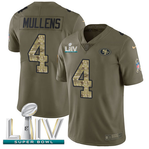 San Francisco 49ers #4 Nick Mullens Olive/Camo Super Bowl LIV 2020 Men's Stitched Limited 2017 Salute To Service Jersey Men's