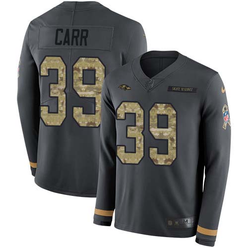 Baltimore Ravens #39 Brandon Carr Anthracite Salute to Service Men's Stitched Limited Therma Long Sleeve Jersey Men's