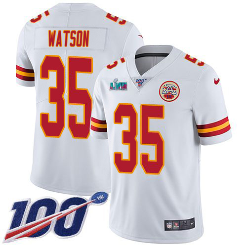 Chiefs #35 Jaylen Watson White Super Bowl LVII Patch Youth Stitched 100th Season Vapor Limited Jersey