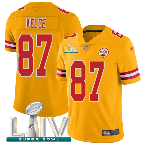 Chiefs #87 Travis Kelce Gold Super Bowl LIV 2020 Youth Stitched Limited Inverted Legend Jersey