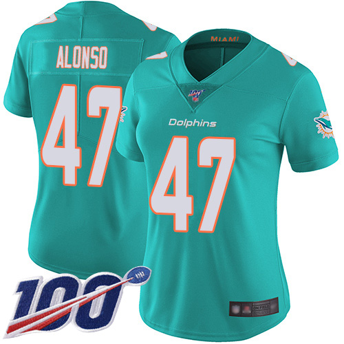 Miami Dolphins #47 Kiko Alonso Aqua Green Team Color Women's Stitched 100th Season Vapor Limited Jersey Womens