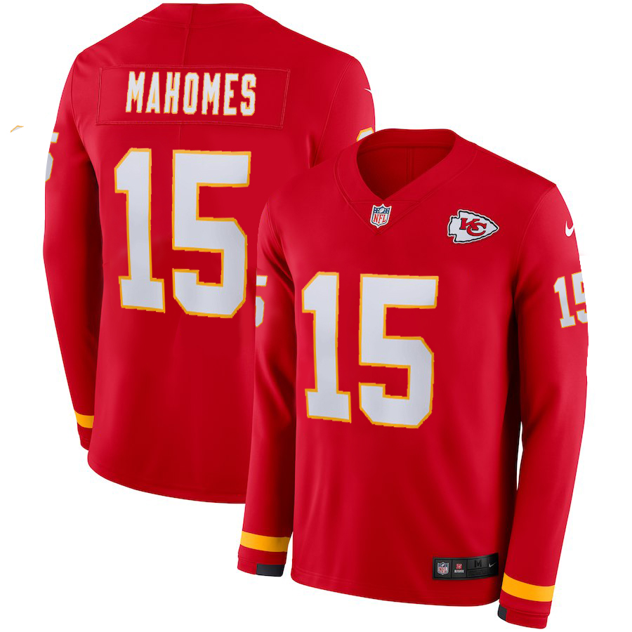 Men's Chiefs #15 Patrick Mahomes Red Team Color Men's Stitched Limited Therma Long Sleeve Jersey