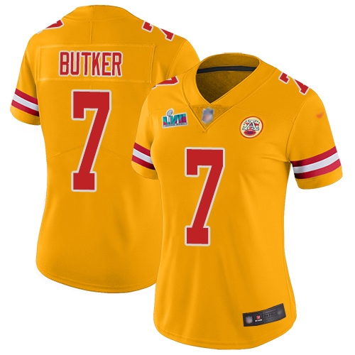 Chiefs #7 Harrison Butker Gold Super Bowl LVII Patch Women's Stitched Limited Inverted Legend Jersey