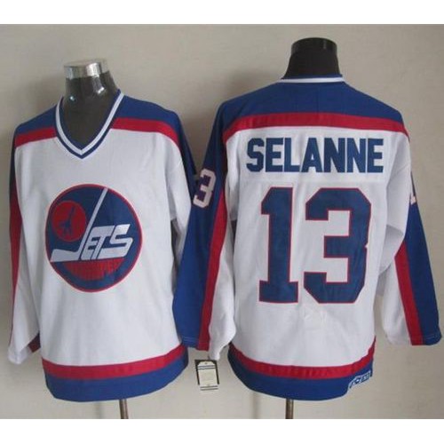 Winnipeg Jets #13 Teemu Selanne White/Blue CCM Throwback Stitched Jersey Men's