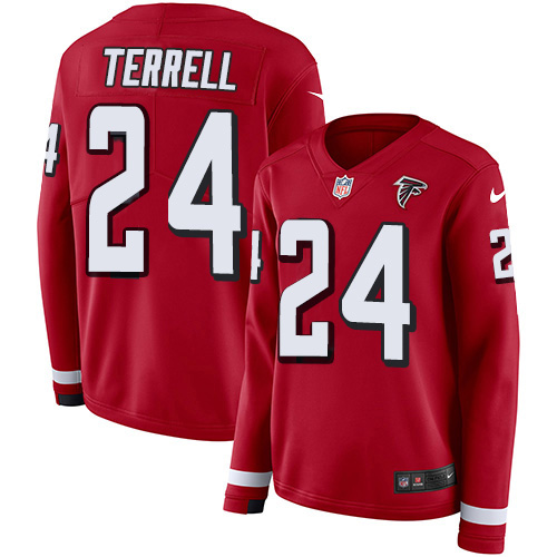 Atlanta Falcons #24 A.J. Terrell Red Team Color Women's Stitched Limited Therma Long Sleeve Jersey Womens