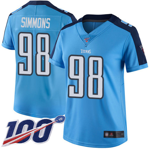 Titans #98 Jeffery Simmons Light Blue Women's Stitched Limited Rush 100th Season Jersey