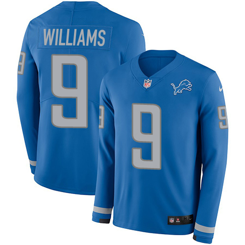 Lions #9 Jameson Williams Blue Team Color Youth Stitched Limited Therma Long Sleeve Jersey