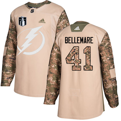 Adidas Tampa Bay Lightning #41 Pierre-Edouard Bellemare Camo Authentic 2022 Stanley Cup Final Patch Veterans Day Stitched Youth Jersey Youth