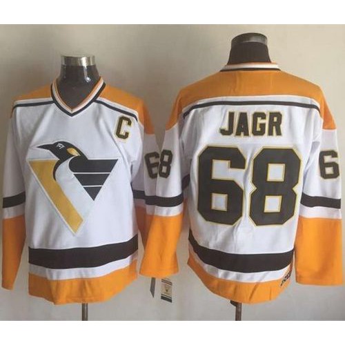 Pittsburgh Penguins #68 Jaromir Jagr White/Yellow CCM Throwback Stitched Jersey Men's