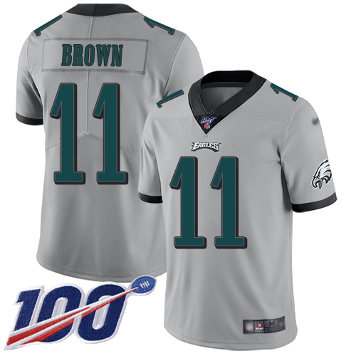 Eagles #11 A.J. Brown Silver Men's Stitched Limited Inverted Legend 100th Season Jersey