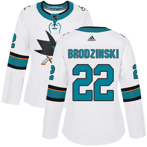 Adidas San Jose Sharks #22 Jonny Brodzinski White Road Authentic Women's Stitched Jersey Womens